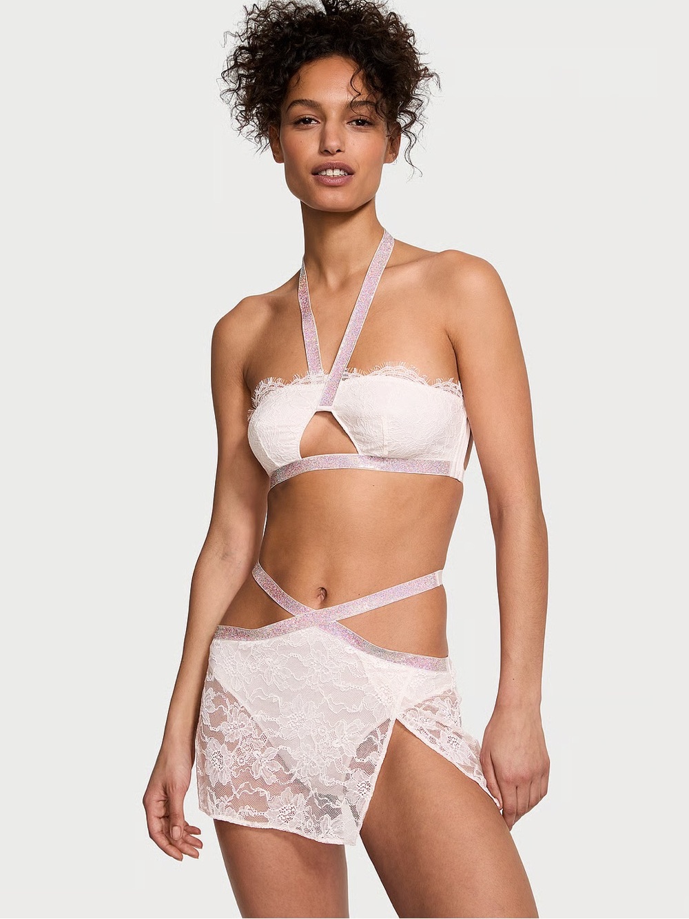 NWT VICTORIA'S SECRET Shine Strap Halter Bralette set L/M rhinestones white lace